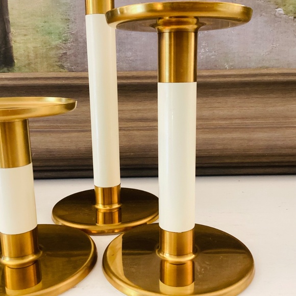 set of 3 IKEA Glittrig candlesticks gold and ivory Discontinued Tapered Pillar - Picture 4 of 13